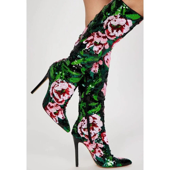 Fashion Nova Floral Colourful Fullly Sequin Knee High Boots 6